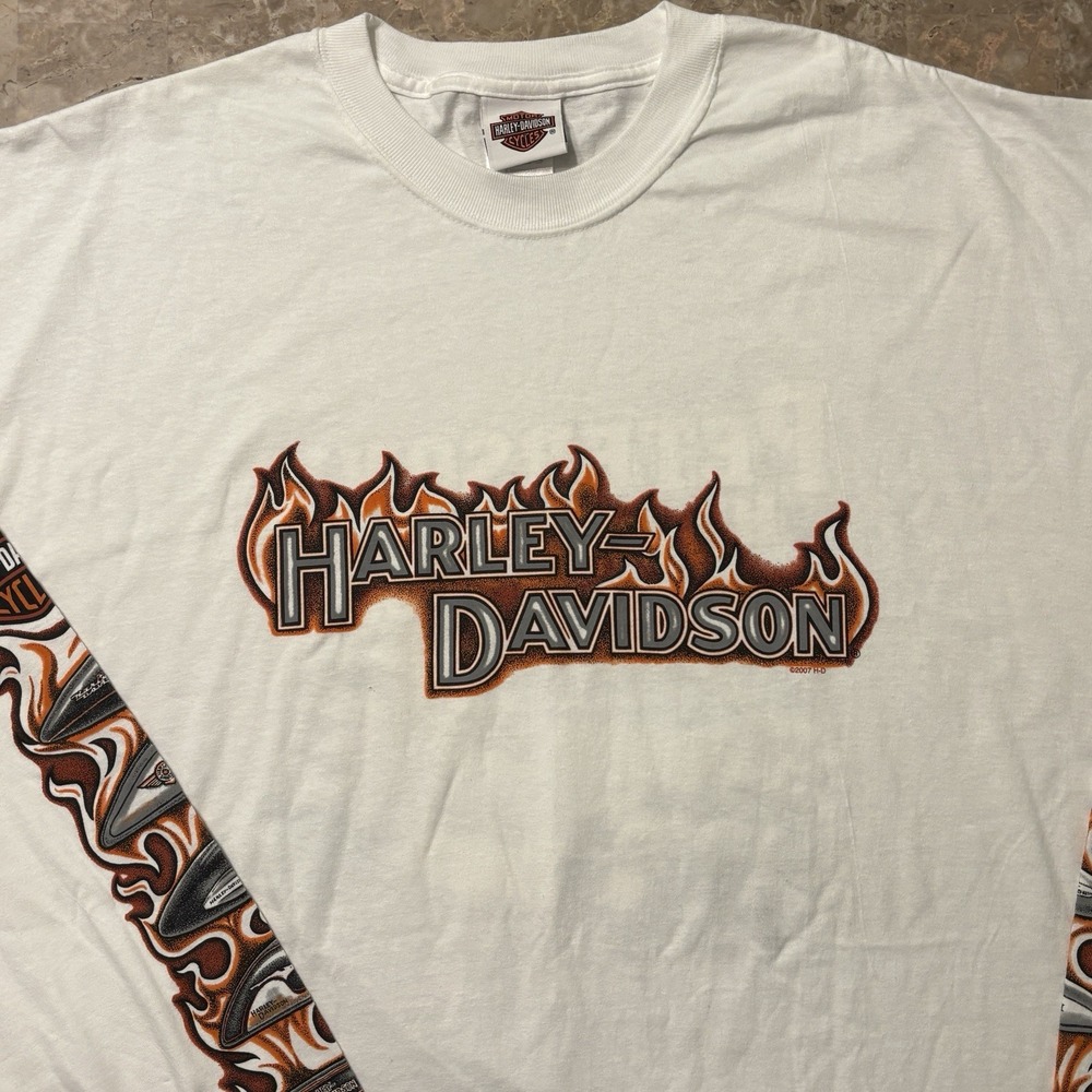 Harley Davidson Shirt Mens 3XL White Flame Long Sleeve Y2K Hanes